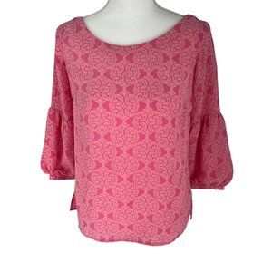 Lilly Pulitzer Bay Printed Parade Pink Floored 100% Silk Tunic Blouse 0